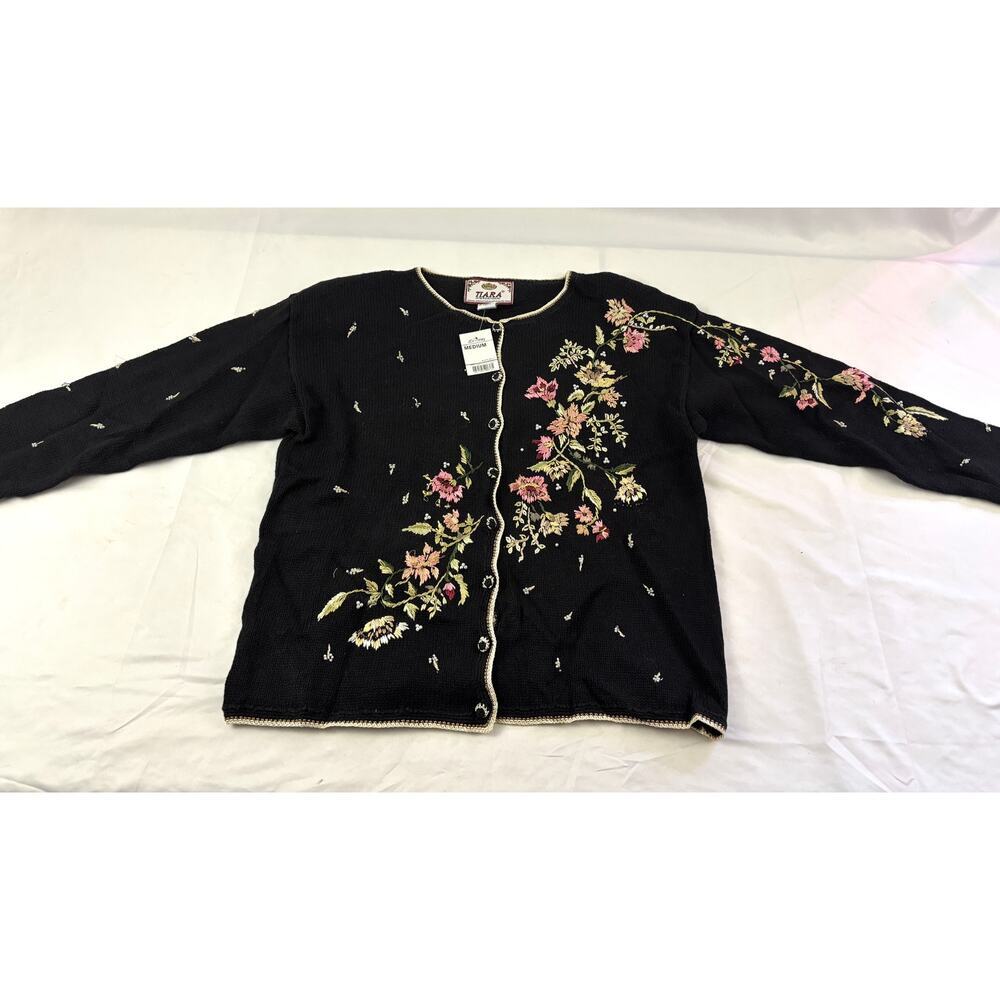 Tiara International Black Red Beaded Embroidery Knit Sweater‎ Cardigan NWT 1990s - Picture 12 of 14